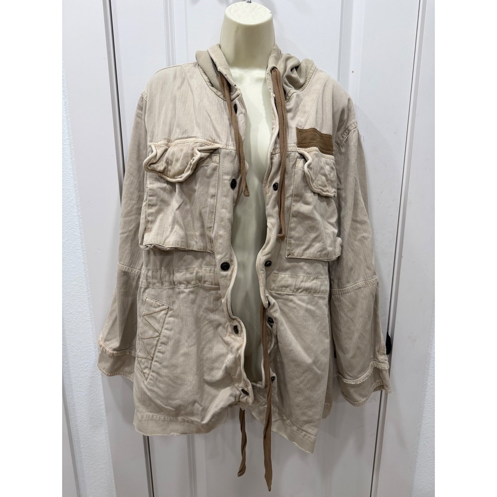 Free People We The Free Utility Jacket Tan Herringbone Hooded Cargo Boho Coat